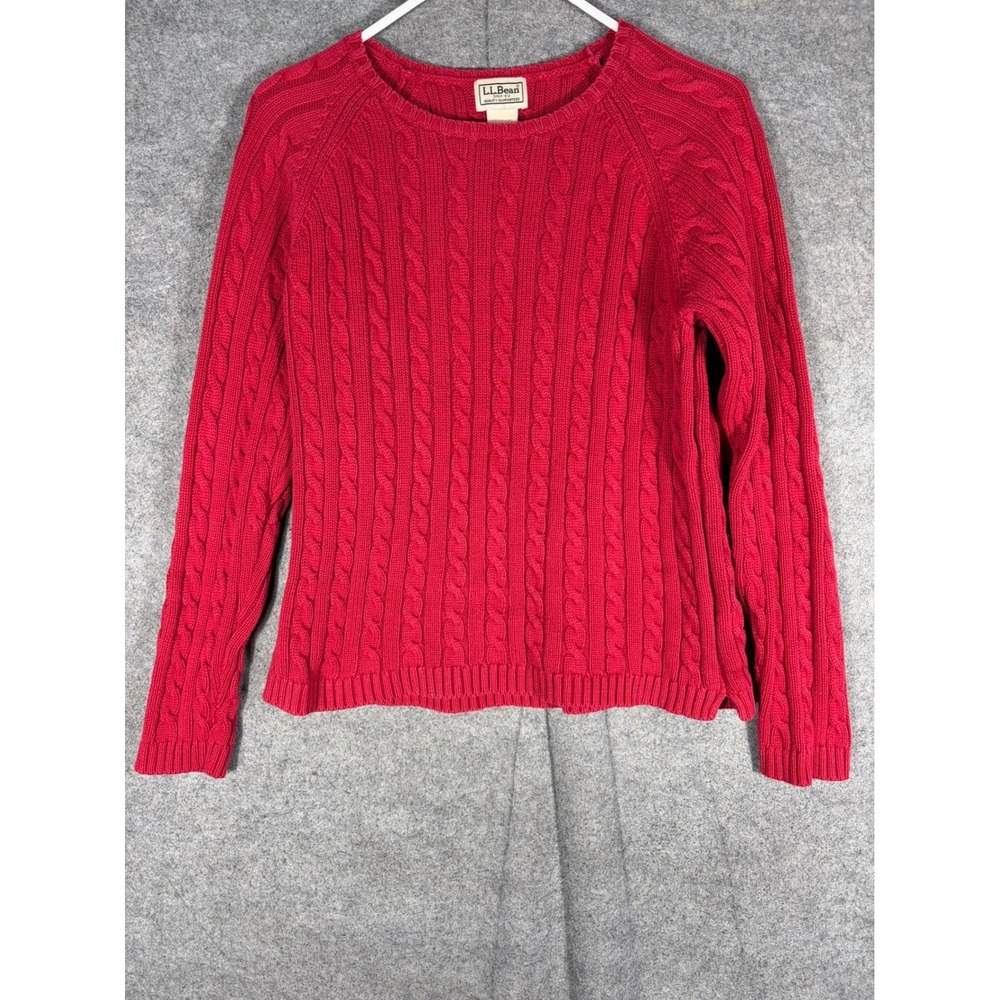 LL Bean Womens Red Cable Knit Cotton Sweater Crew Neck M Regular O BUG6